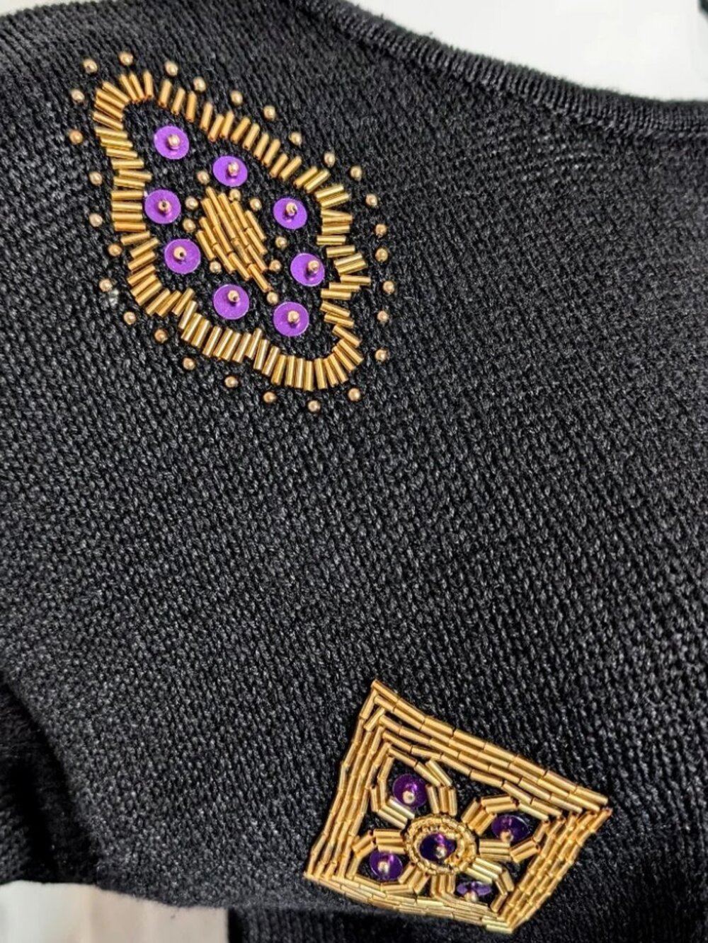 Vintage Marnie West Black Purple Beaded Sequin Sweater | L - Picture 7 of 12